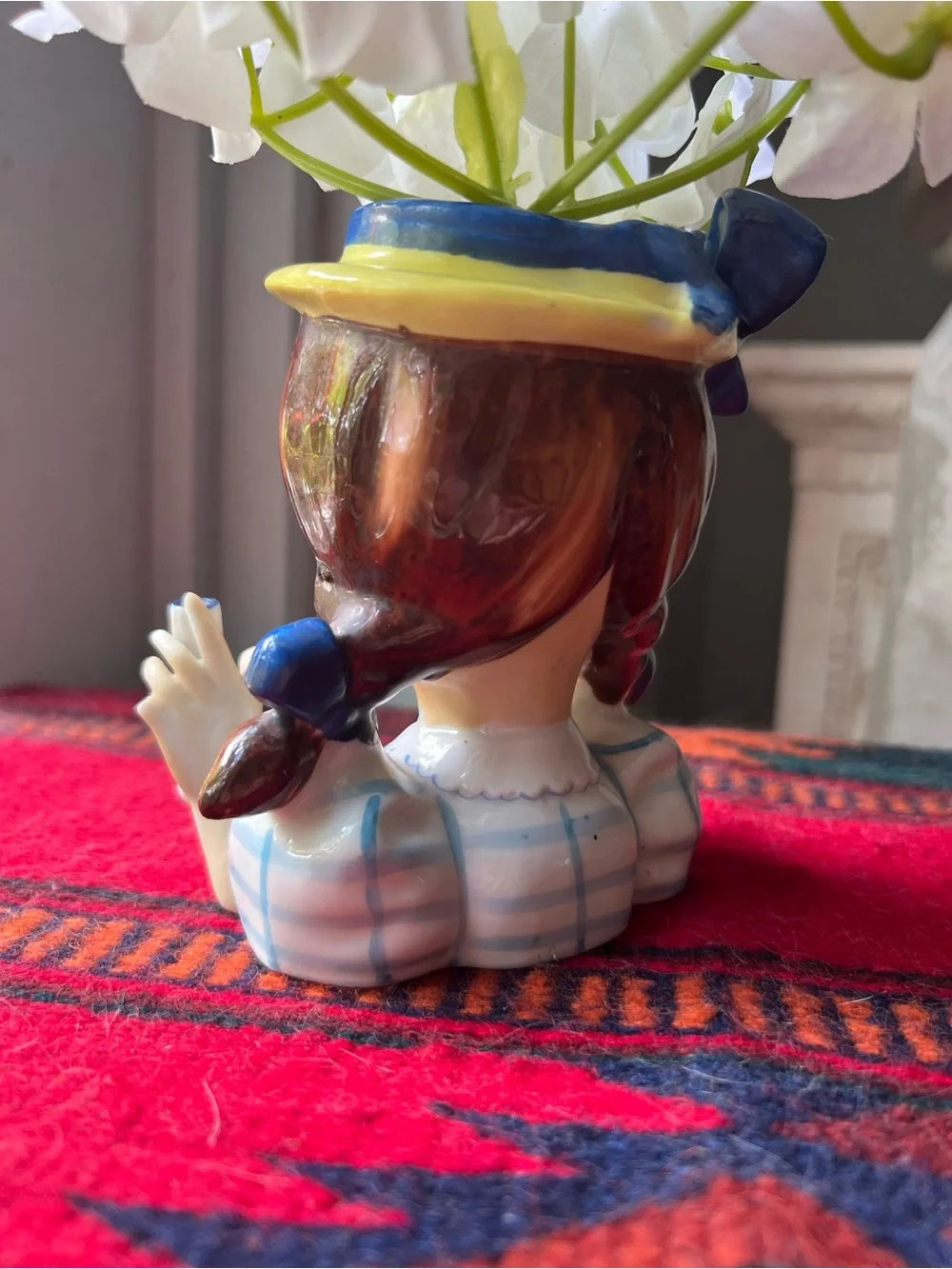 Vintage Ceramic Girl with Pigtails Head Vase in Blue, Checkered dress like new - Picture 6 of 14